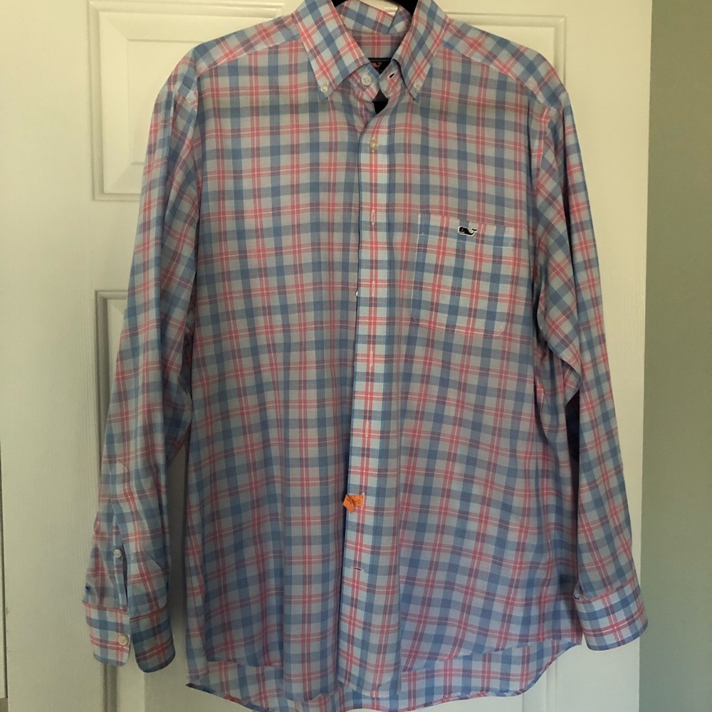 Vineyard Vines medium light pink and blue plaid